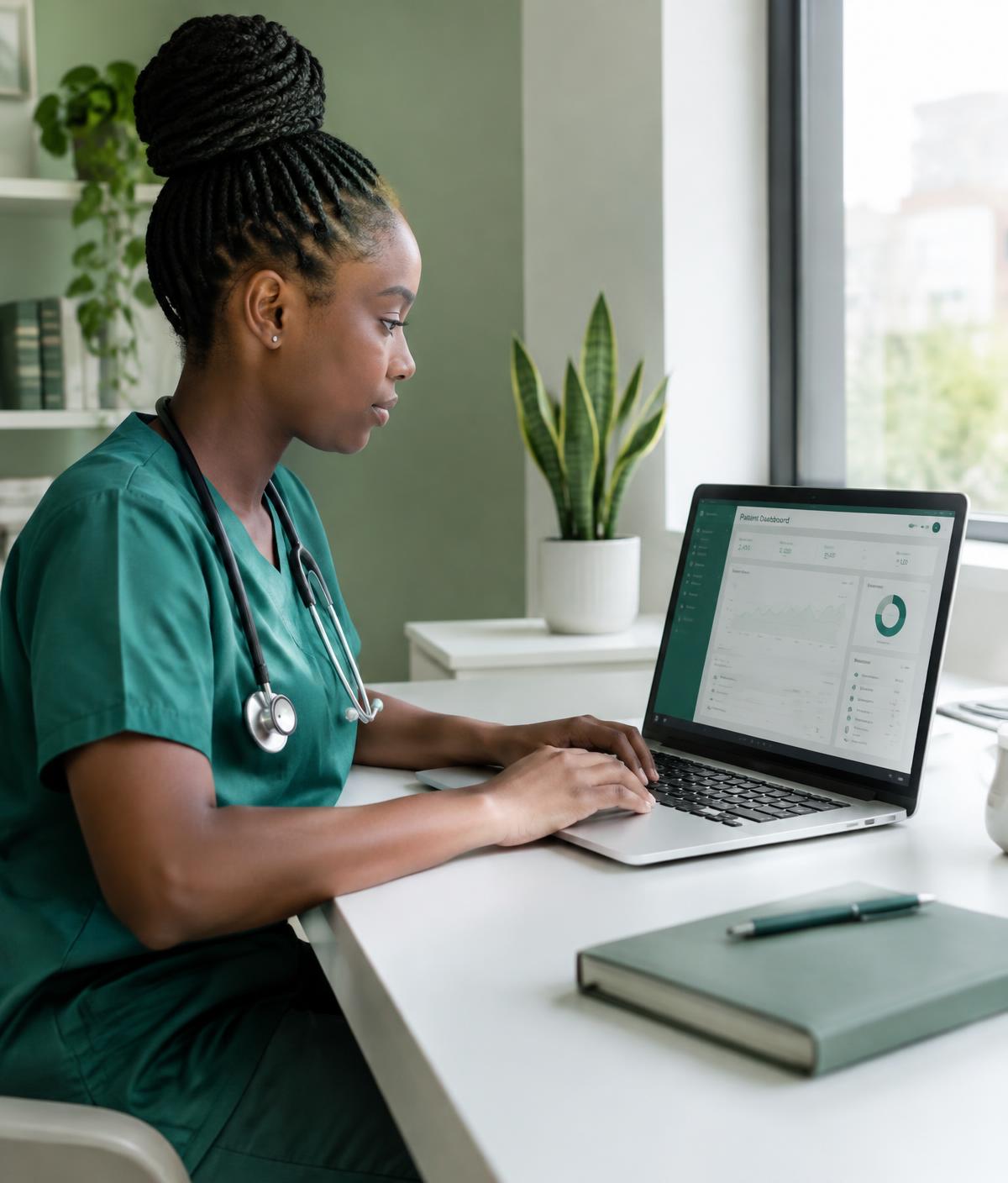Healthcare professional working remotely on a laptop